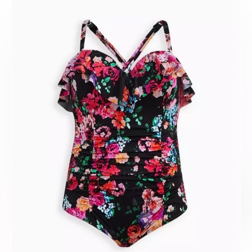 Torrid sz 3 Estate Floral Black Underwire‎ Swim One Piece Bathing Suit 3X